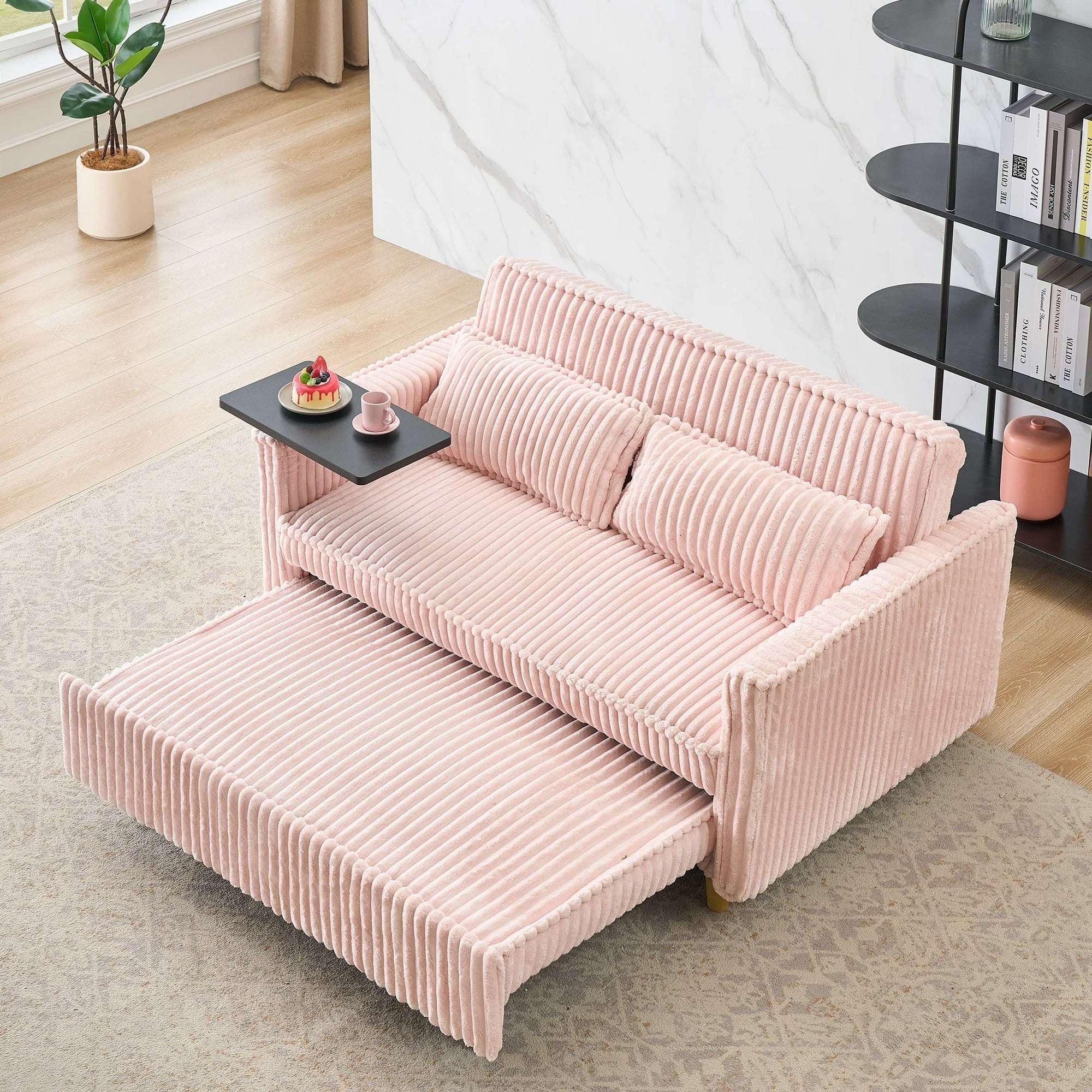 FFH 3 in 1 Convertible Pull Out Sofa with Tabletop & USB Ports, Sleeper Sofa Bed with 2 Soft Pillows, Upholstered Comfy Lounge Corduroy Couch with 3-Level Adjustable Angle Backrest