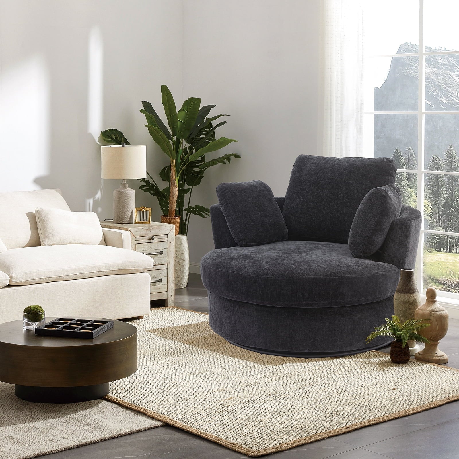 FFH 42.2"W Chenille Swivel Chair, Modern Oversize Armchair Comfy Club Chair Sherpa Chir for Bedroom Living Room, Black