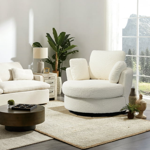 FFH 42.2"W Chenille Swivel Chair, Modern Oversize Armchair Comfy Club Chair Sherpa Chir for Bedroom Living Room, Black