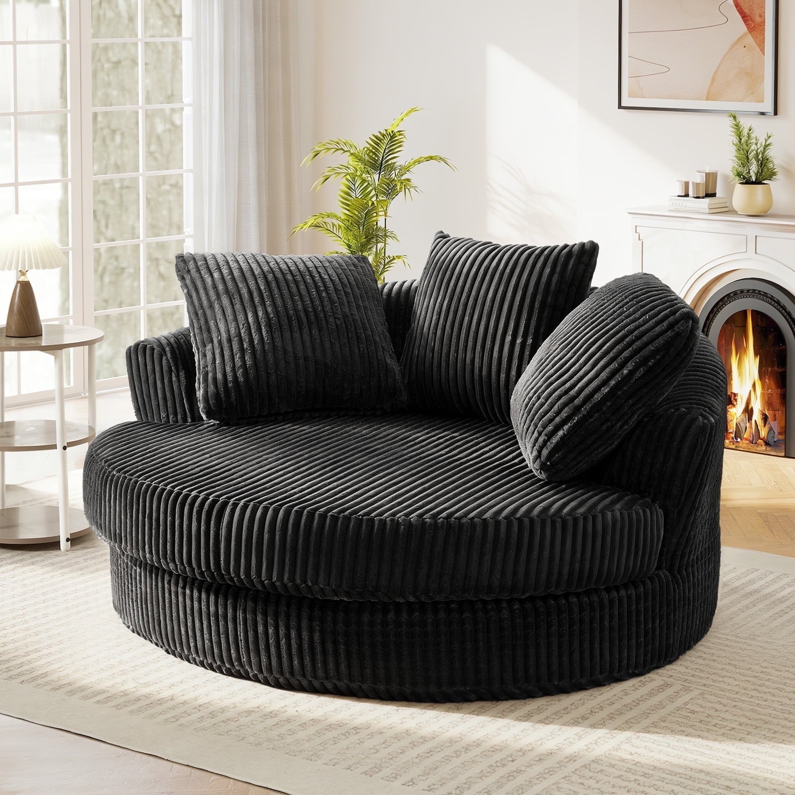 Muumblus 61" Oversized Round Boneless Lounge Chaise Chair Indoor, Corduroy Deep Seat Cloud Couch Sleeper Sofa Bed with 3 Pillows, No Assembly Barrel Chair for Living Room, Gray