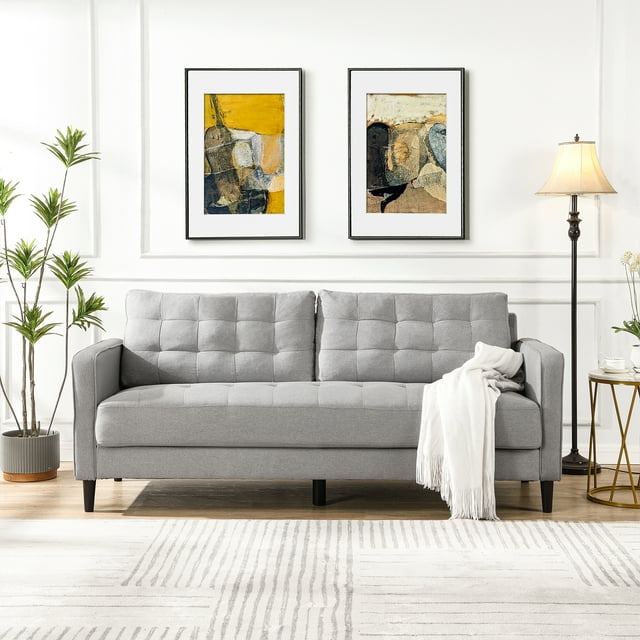 FFH 75 " Fabric Tufted Upholstered Sofa Couch with Square Arm, Modern 3 Seater Sofa for Living Room, Beige