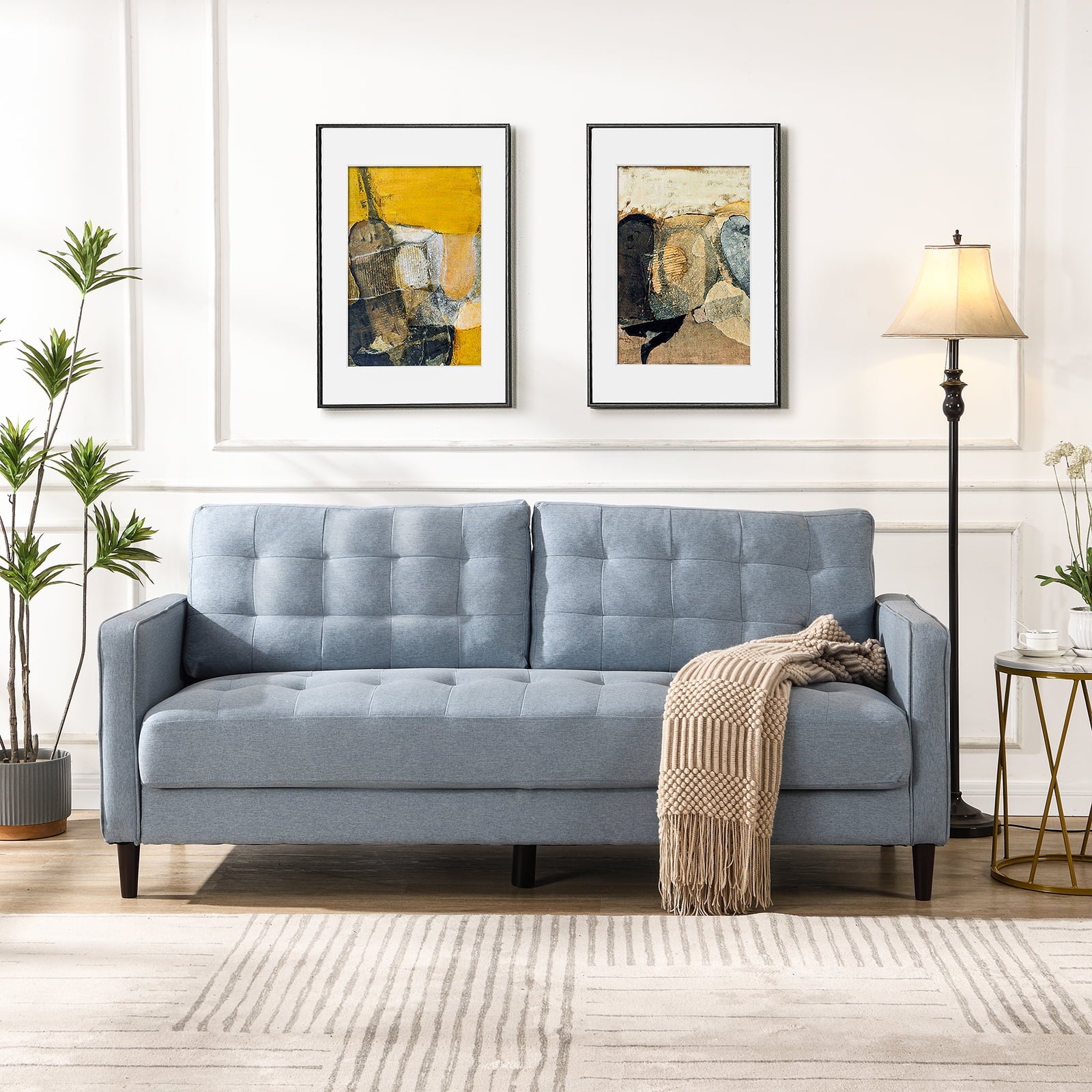FFH 75 " Fabric Tufted Upholstered Sofa Couch with Square Arm, Modern 3 Seater Sofa for Living Room, Beige