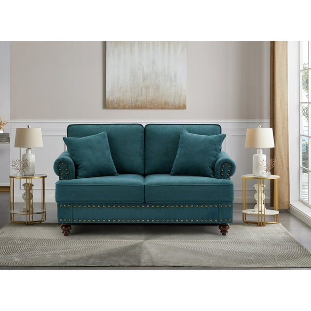 FFH Mid-Century Loveseat Sofa, 2 Seater Sofa with Nailhead, 61" Chenille Upholstered Couches for Living Room, White