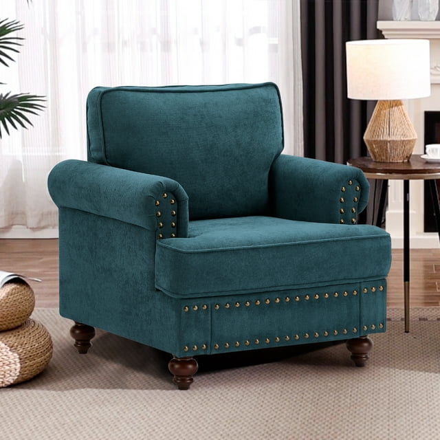 FFH Mid-Century Single Sofa Accent Chair, Chenille Upholstered Armchair with Nailhead, 38" Small Couch for Living Room, White