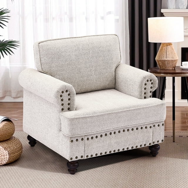 FFH Mid-Century Single Sofa Accent Chair, Chenille Upholstered Armchair with Nailhead, 38" Small Couch for Living Room, White