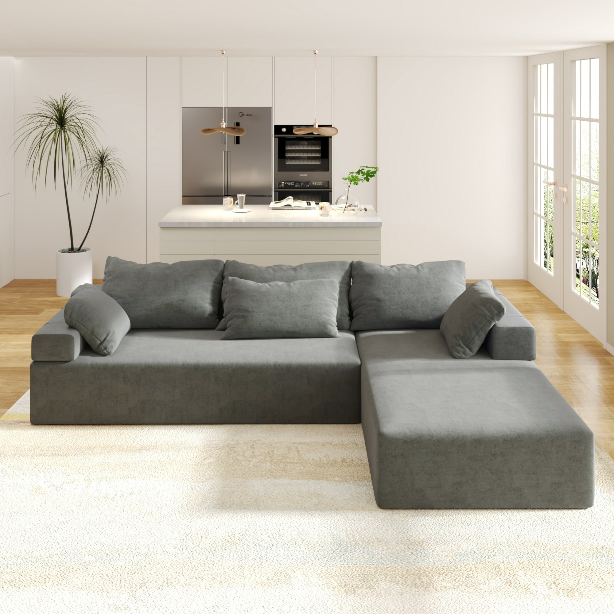 FFH Upholstered Sectional Sofa, Modern Convertible Modular Sofa Set with 6 Pillows, 108" L Shaped Sofa Couch, 2 Pieces Living Room Furniture Set, Gray
