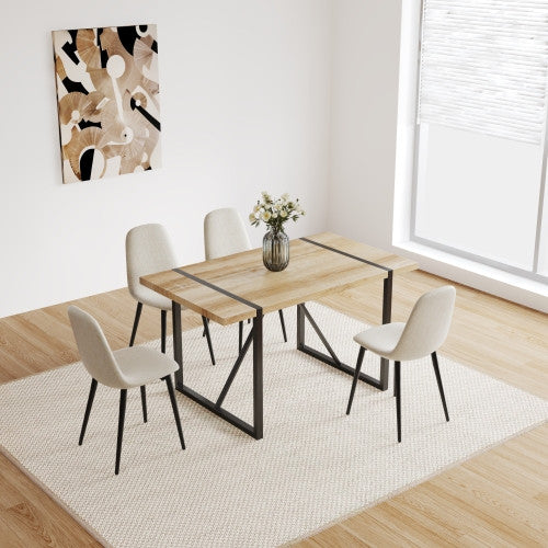 FFH MDF Wood Colour Dining Table and Modern Dining Chairs Set of 4, Mid Century Wooden Kitchen Table Set, Metal Base & Legs, Dining Room Table and Suede Chairs