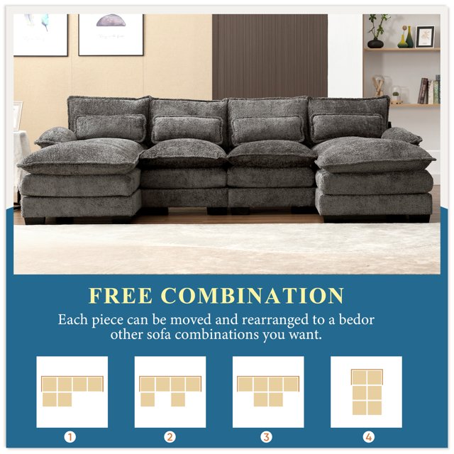 FFH Chenille Sectional Sofa with 2 Chaise, 110.6" Large Reversible Modular Sofa, Modern U-Shaped Sofa Couch for Living Room, Dark Gray