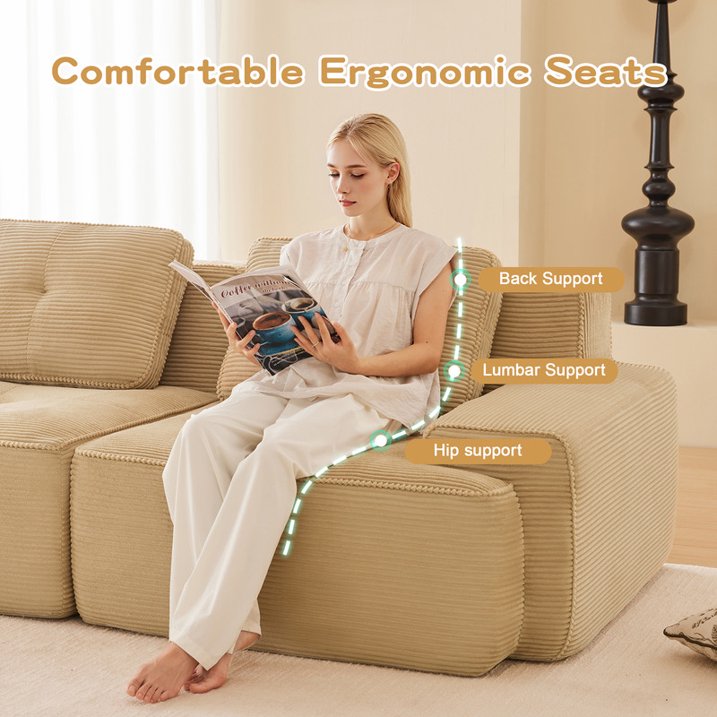 FFH Loveseat Sofa, 80" Modular Sectional Sofa for Living Room, Corduroy 2-Seater Cloud Couch with Deep Seat, Pearl-like Piping, Tufted Design, No Assembly, Anti-slip Design (Camel, 2 Seater)