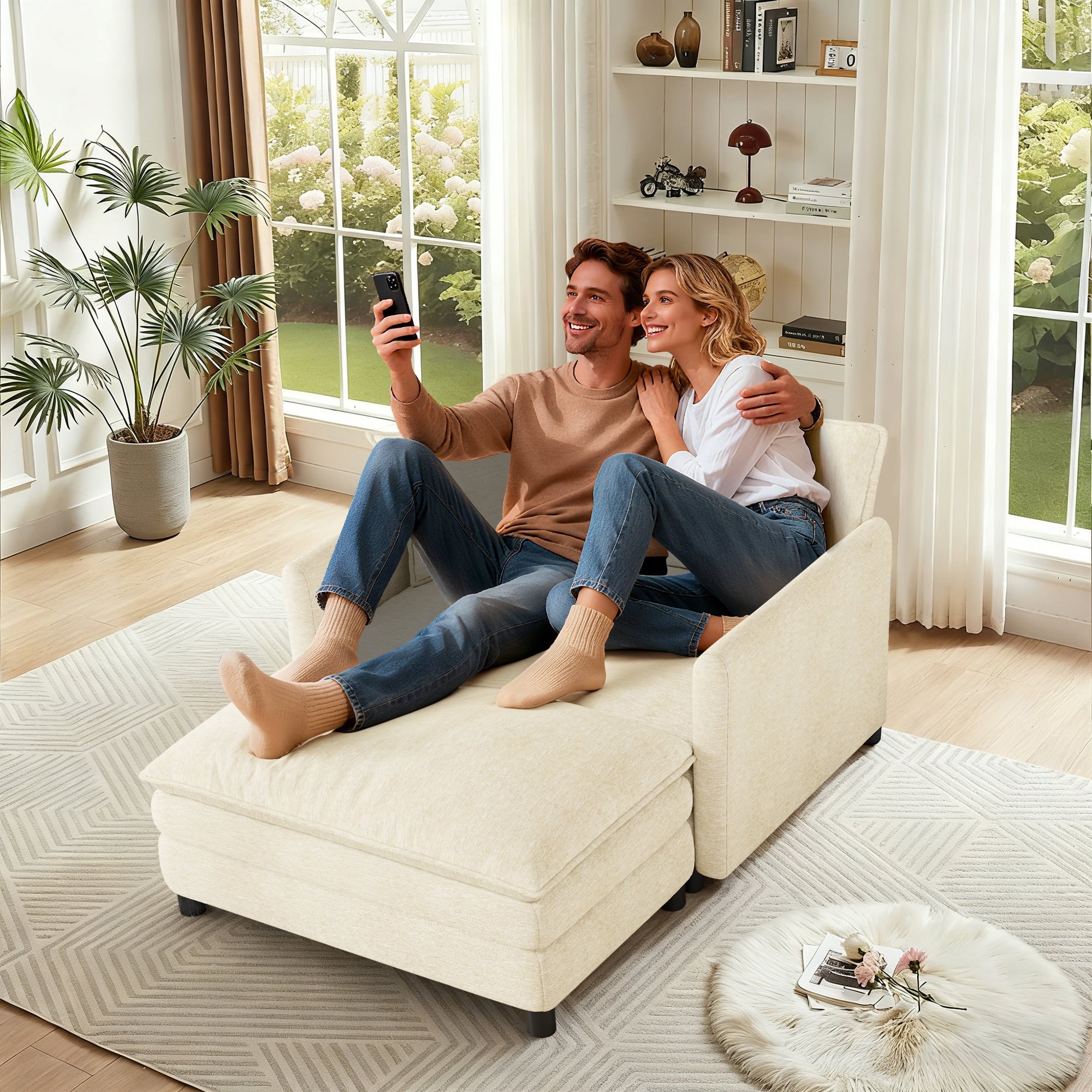 FFH Oversized Chair with Ottoman, Chenille Accent Armchair, Lounge Chair Indoor, Cloud Sofa Chair for Living Room, Bedroom, Beige