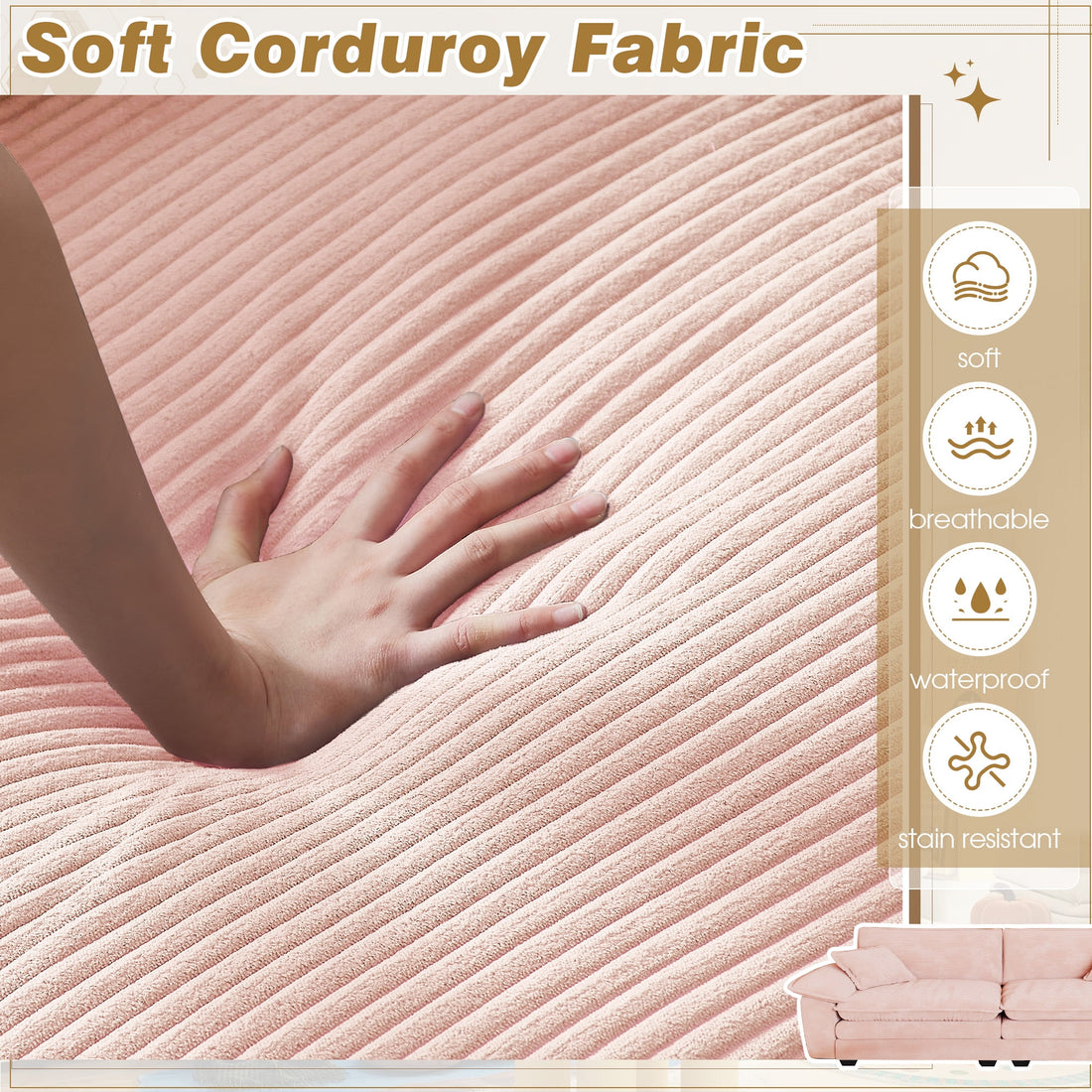 FFH 80.5" Corduroy Loveseat Sofa, Oversized Upholstered 2-Seater Fluffy Cloud Sleeper Couch for Living Room/Apt, Pink