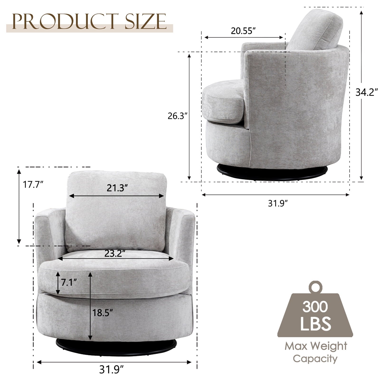 FFH Chenille Swivel Accent Chair, Barrel Chair Comfy Round Armchair Sofa Chair Sherpa Chair for Living Room & Nursery, Gray