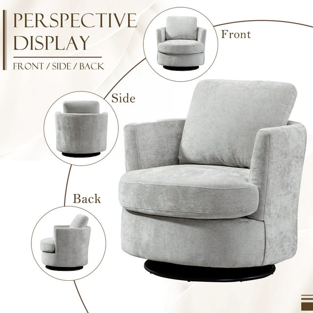 FFH Chenille Swivel Accent Chair, Barrel Chair Comfy Round Armchair Sofa Chair Sherpa Chair for Living Room & Nursery, Gray