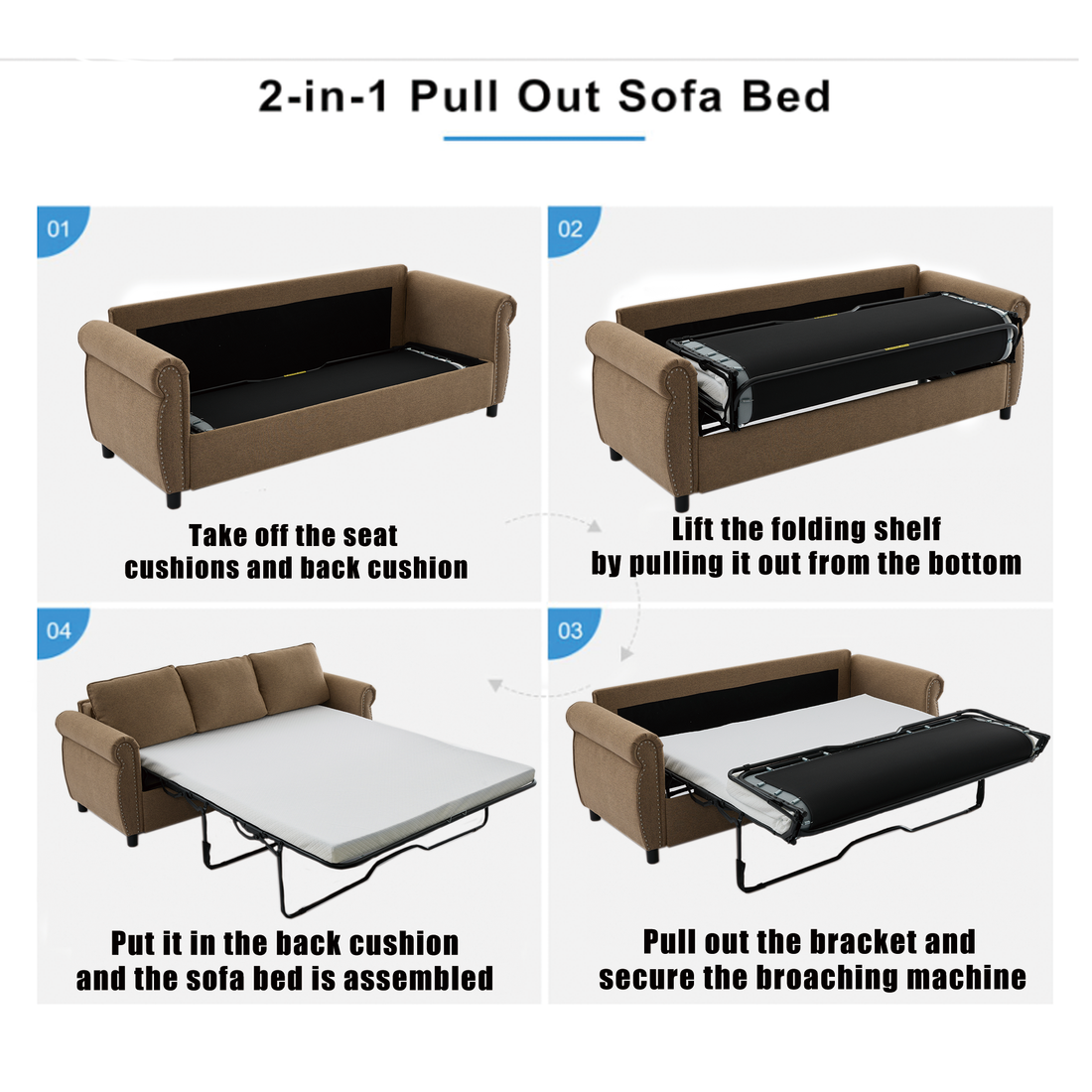 FFH Queen Size Pull Out Sofa Bed, 2-in-1 Convertible Sleeper Couches with Memory Foam Mattress, 3 Seat Sleeper Couch Beds for Living Room, Brown
