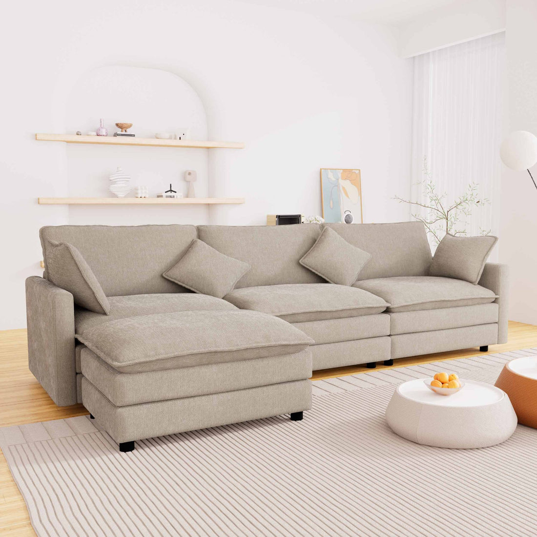 FFH Sectional Cloud Couch with Reversible Ottoman, L-Shaped Chenille Sofa for Living Room, Camel