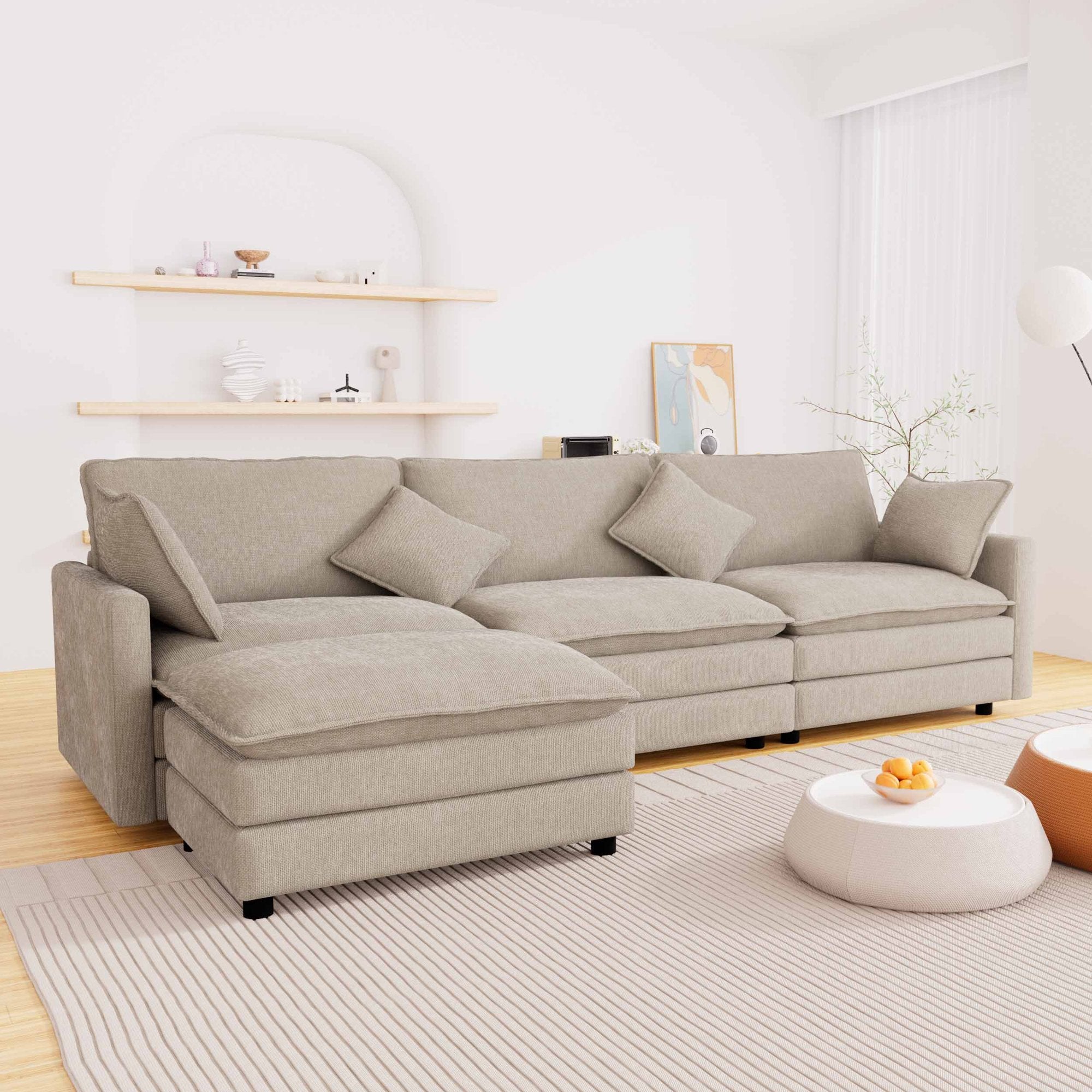 FFH Sectional Cloud Couch with Reversible Ottoman, L-Shaped Chenille Sofa for Living Room, Camel