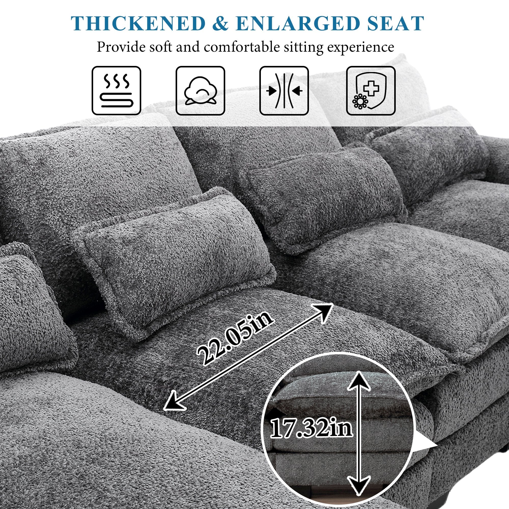 FFH Chenille Sectional Sofa with 2 Chaise, 110.6" Large Reversible Modular Sofa, Modern U-Shaped Sofa Couch for Living Room, Dark Gray