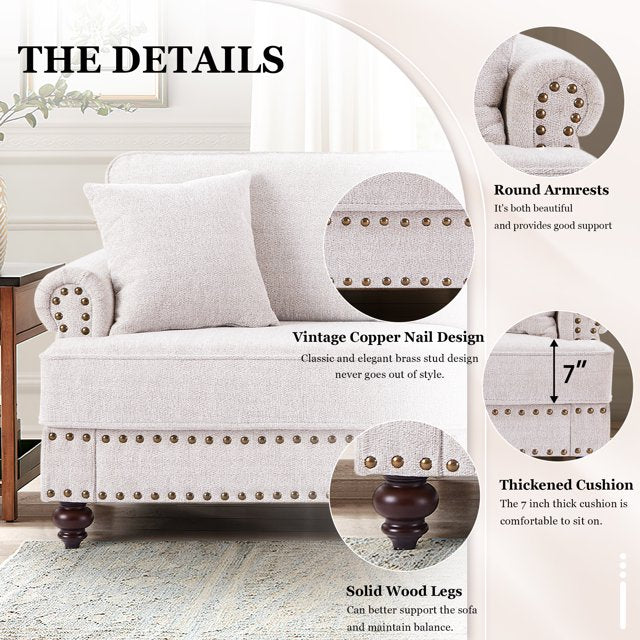 FFH Mid-Century Loveseat Sofa, 2 Seater Sofa with Nailhead, 61" Chenille Upholstered Couches for Living Room, White