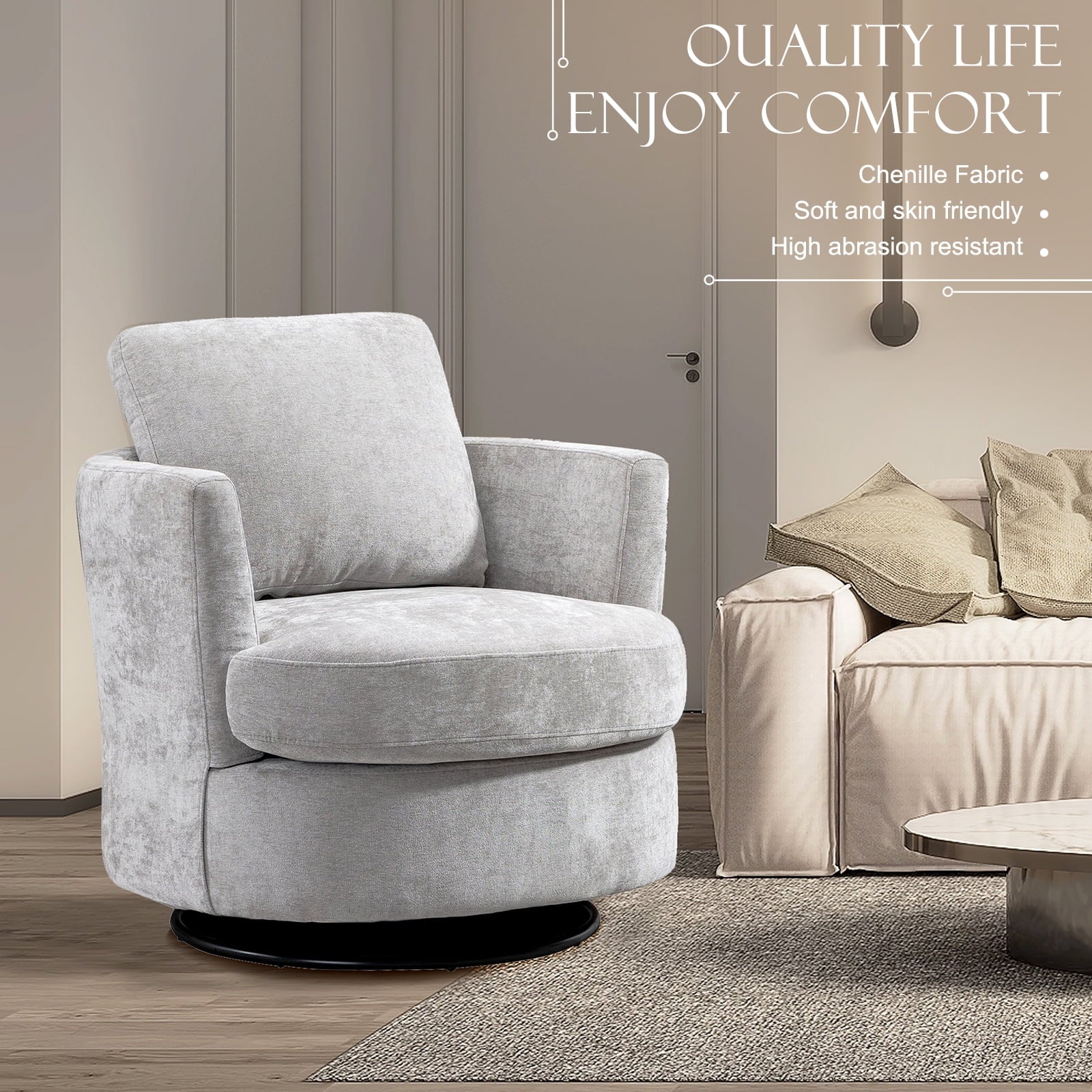 FFH Chenille Swivel Accent Chair, Barrel Chair Comfy Round Armchair Sofa Chair Sherpa Chair for Living Room & Nursery, Gray