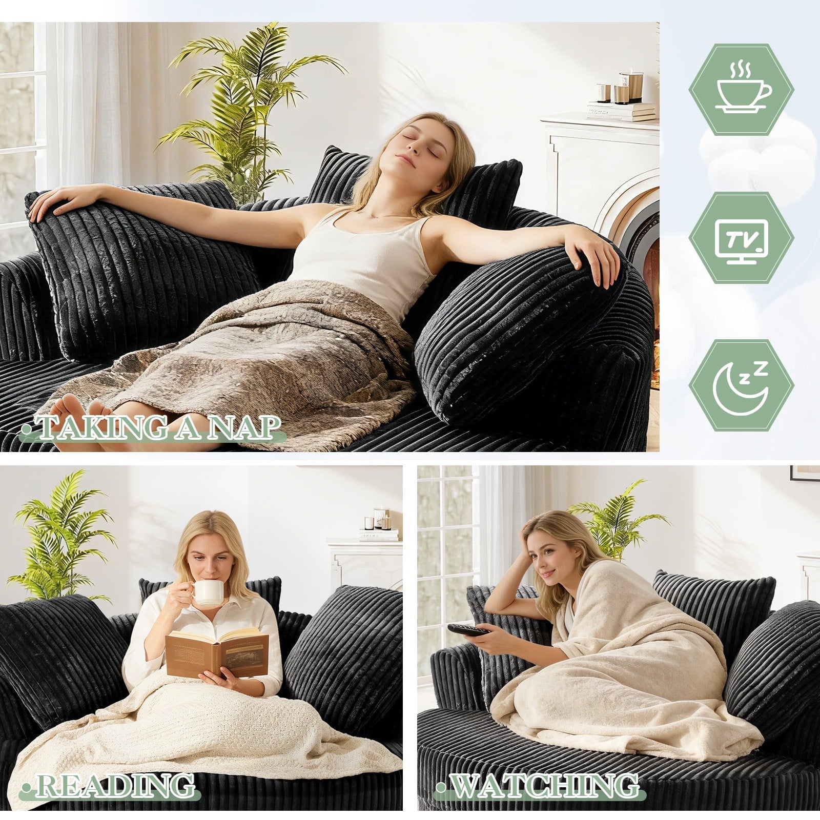 Muumblus 61" Oversized Round Boneless Lounge Chaise Chair Indoor, Corduroy Deep Seat Cloud Couch Sleeper Sofa Bed with 3 Pillows, No Assembly Barrel Chair for Living Room, Gray