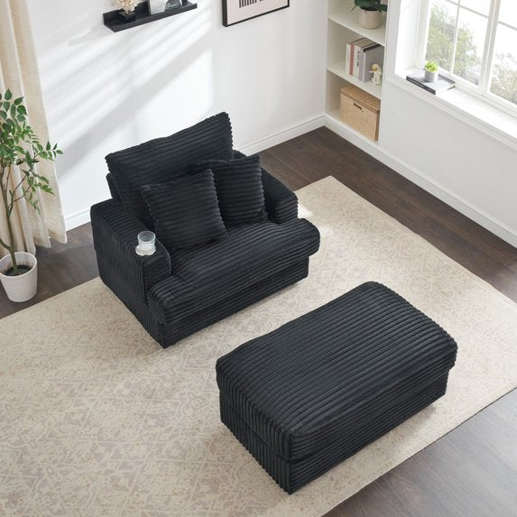 FFH Oversized Chair with Ottoman, Modern Accent Chair with Cup Holder, Corduroy Single Sofa Reading Chair for Living Room, Bedroom, Office