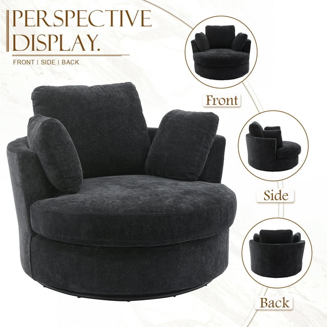 FFH 42.2"W Chenille Swivel Chair, Modern Oversize Armchair Comfy Club Chair Sherpa Chir for Bedroom Living Room, Black
