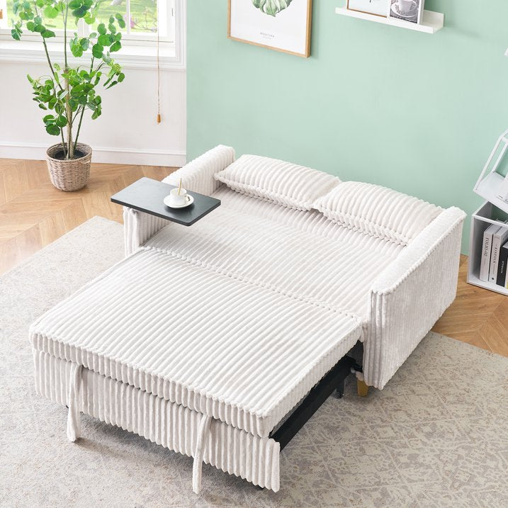 FFH 3 in 1 Convertible Pull Out Sofa with Tabletop & USB Ports, Sleeper Sofa Bed with 2 Soft Pillows, Upholstered Comfy Lounge Corduroy Couch with 3-Level Adjustable Angle Backrest