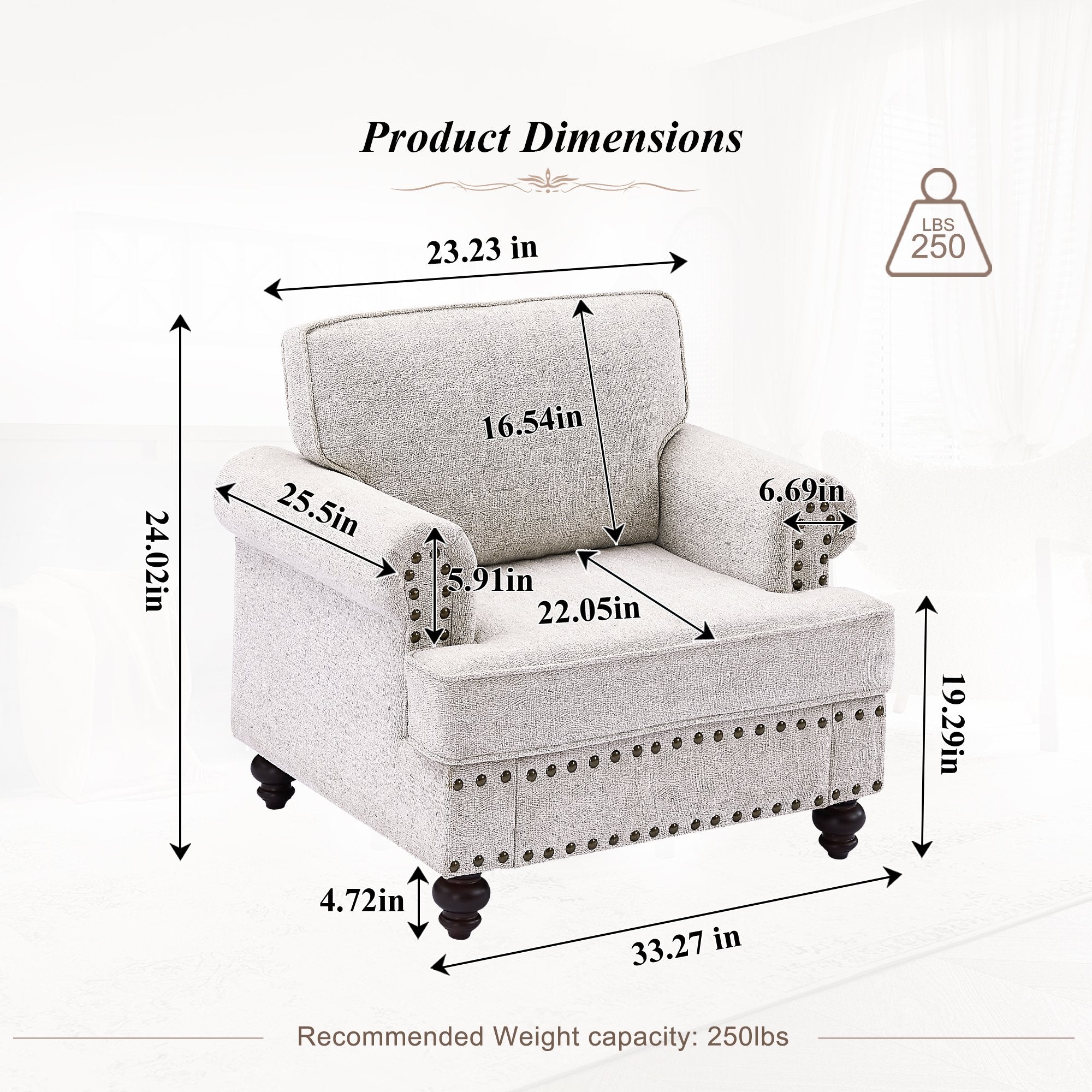 FFH Mid-Century Single Sofa Accent Chair, Chenille Upholstered Armchair with Nailhead, 38" Small Couch for Living Room, White