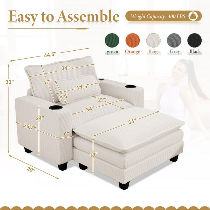 FFH 44.5" Oversized Accent Chair with Ottoman, Chaise Lounge Chair Indoor with USB & Cup Holders, Comfy Corduroy Sofa for Living Room