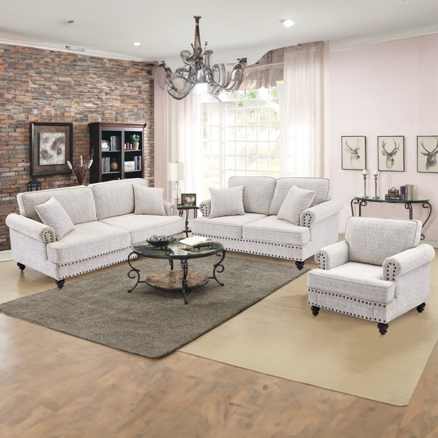 FFH Mid-Century Single Sofa Accent Chair, Chenille Upholstered Armchair with Nailhead, 38" Small Couch for Living Room, White