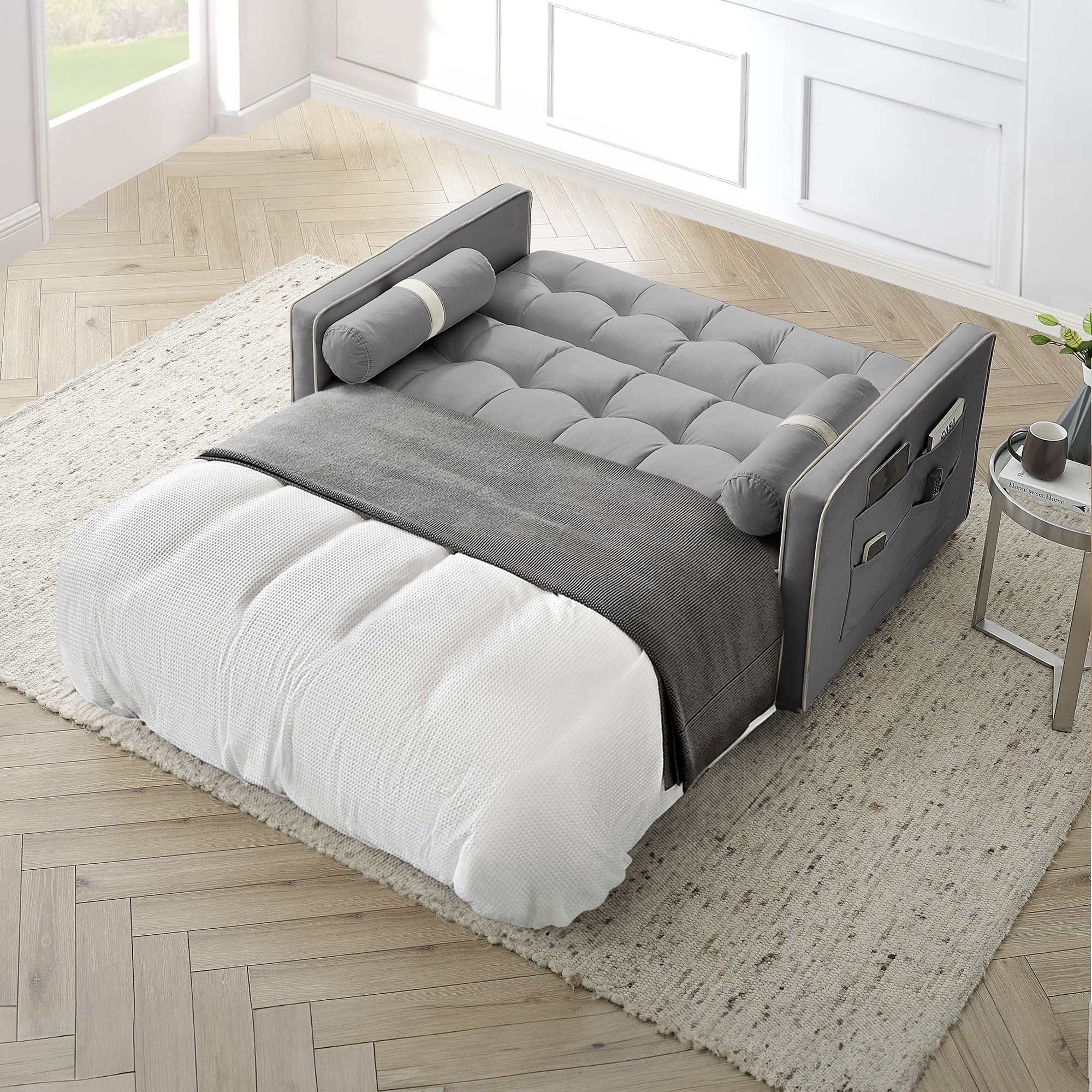 Dinosisco Convertible Sofa Bed, 55" Pull Out Sofa Bed - Tufted Velvet Loveseat Sleeper Sofa Couch for Living Room, Gray