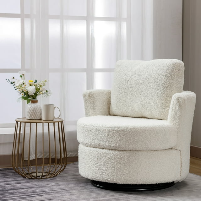FFH Chenille Swivel Accent Chair, Barrel Chair Comfy Round Armchair Sofa Chair Sherpa Chair for Living Room & Nursery, Gray