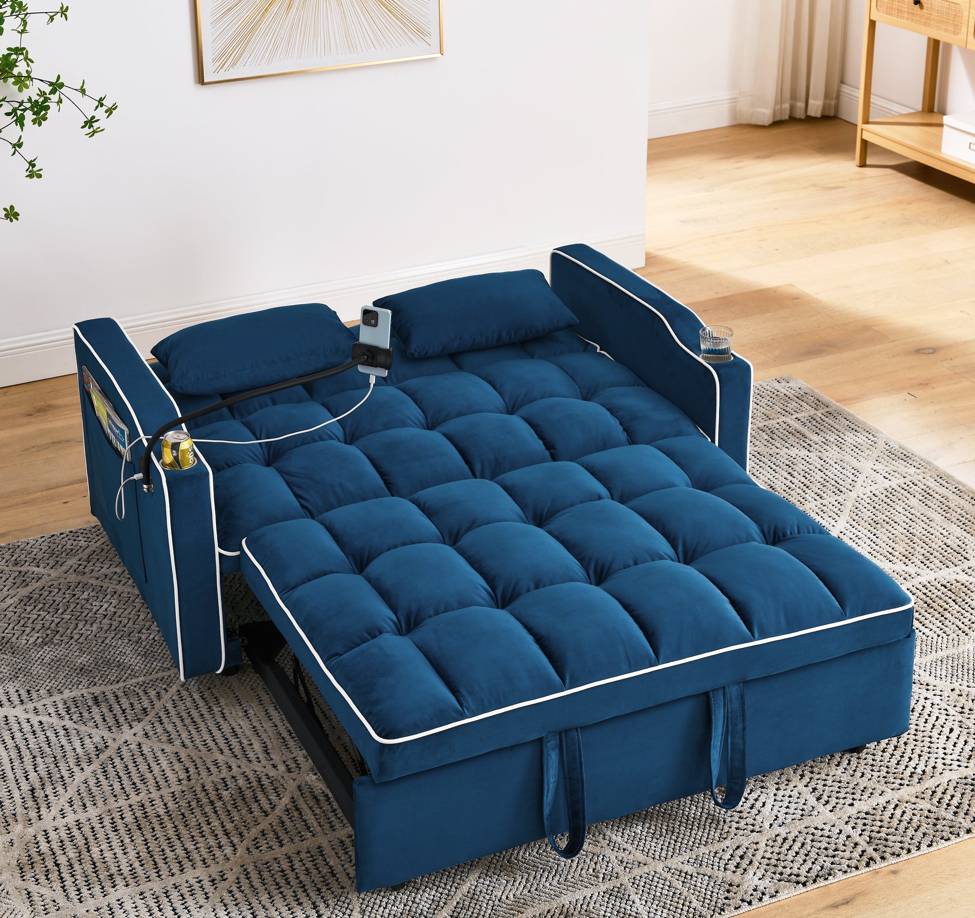 FFH 3-in-1 Convertible Loveseat Sleeeper, Futon Sofa Bed with Phone Stand & USB, Pull Out Sofa Bed for Living Room/Apt, Blue Velvet