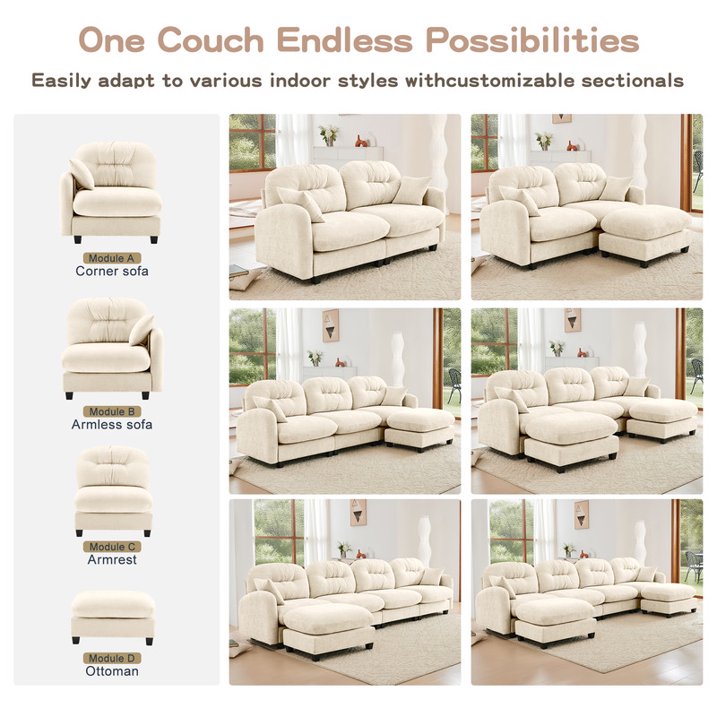 FFH Loveseat Sofa, 74" Cloud Sectional Couches for Living Room, Tufted 2-Seat Chenille Sofa with 2 Pillows, Wooden Base, Beige