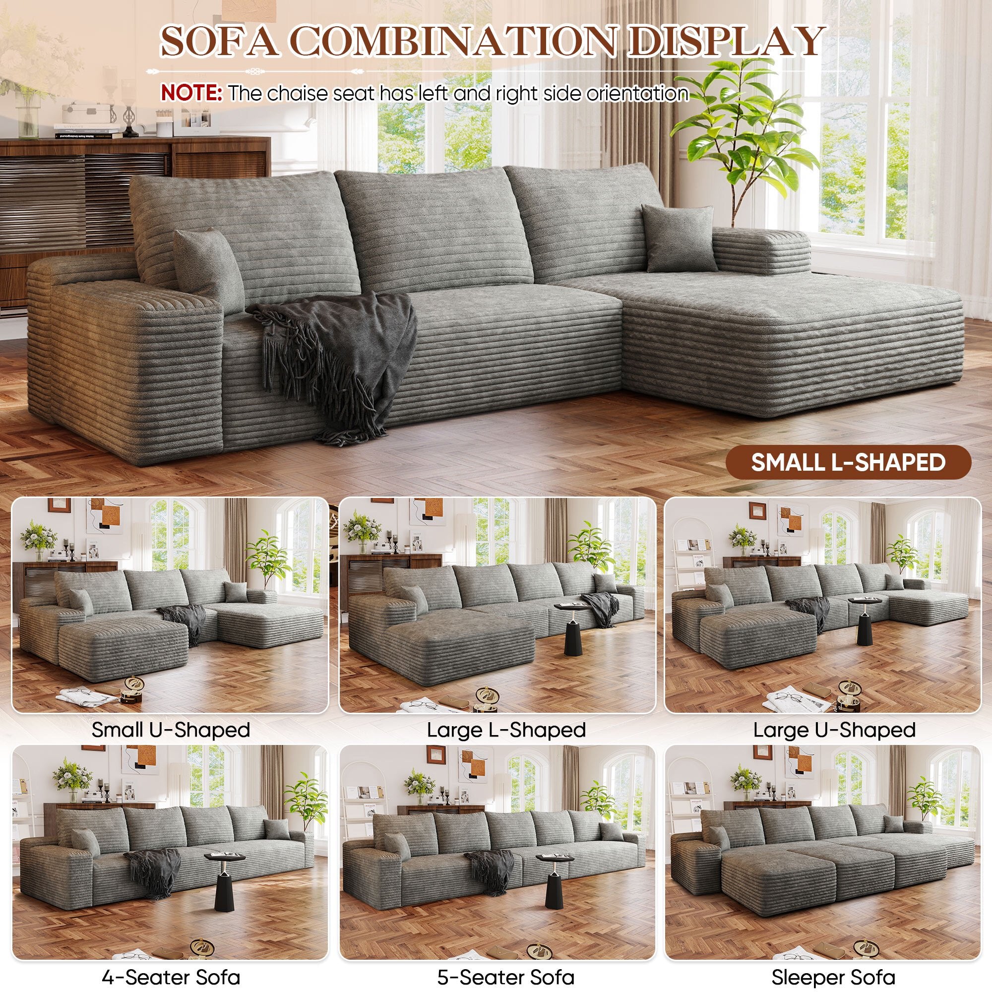 FFH 107" Cloud Sectional Sofa with Right Chaise, Cozy U-Shaped Modular Sofa with Ottoman, Plush Corduroy Sleeper Bed Couch, No Assembly Required, Gray