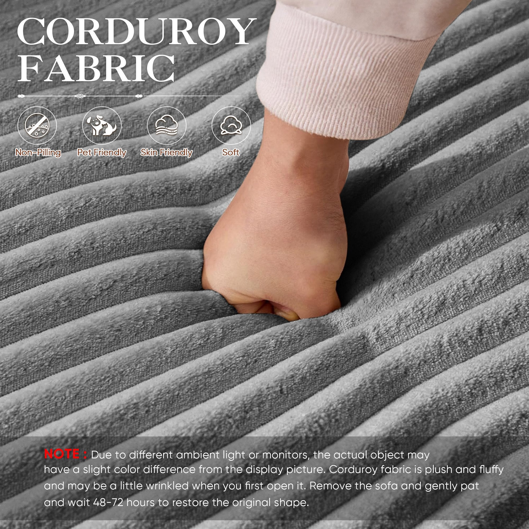 FFH 107" Cloud Sectional Sofa with Right Chaise, Cozy U-Shaped Modular Sofa with Ottoman, Plush Corduroy Sleeper Bed Couch, No Assembly Required, Gray