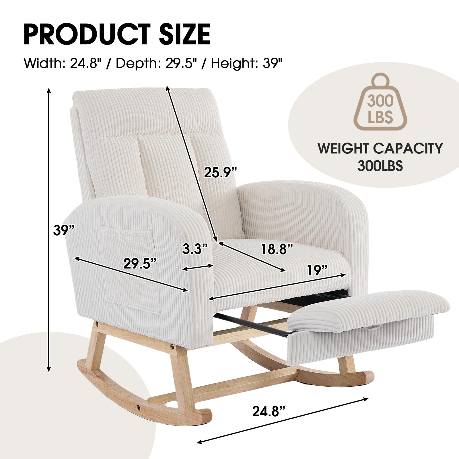 FFH Accent Chair Nursery Rocking Chair,Corduroy Upholstered Armchairs with Adjustable Footrest,Tufted Rocker Chair with Side Pocket,Glider Rocker for Living Room,Bedroom