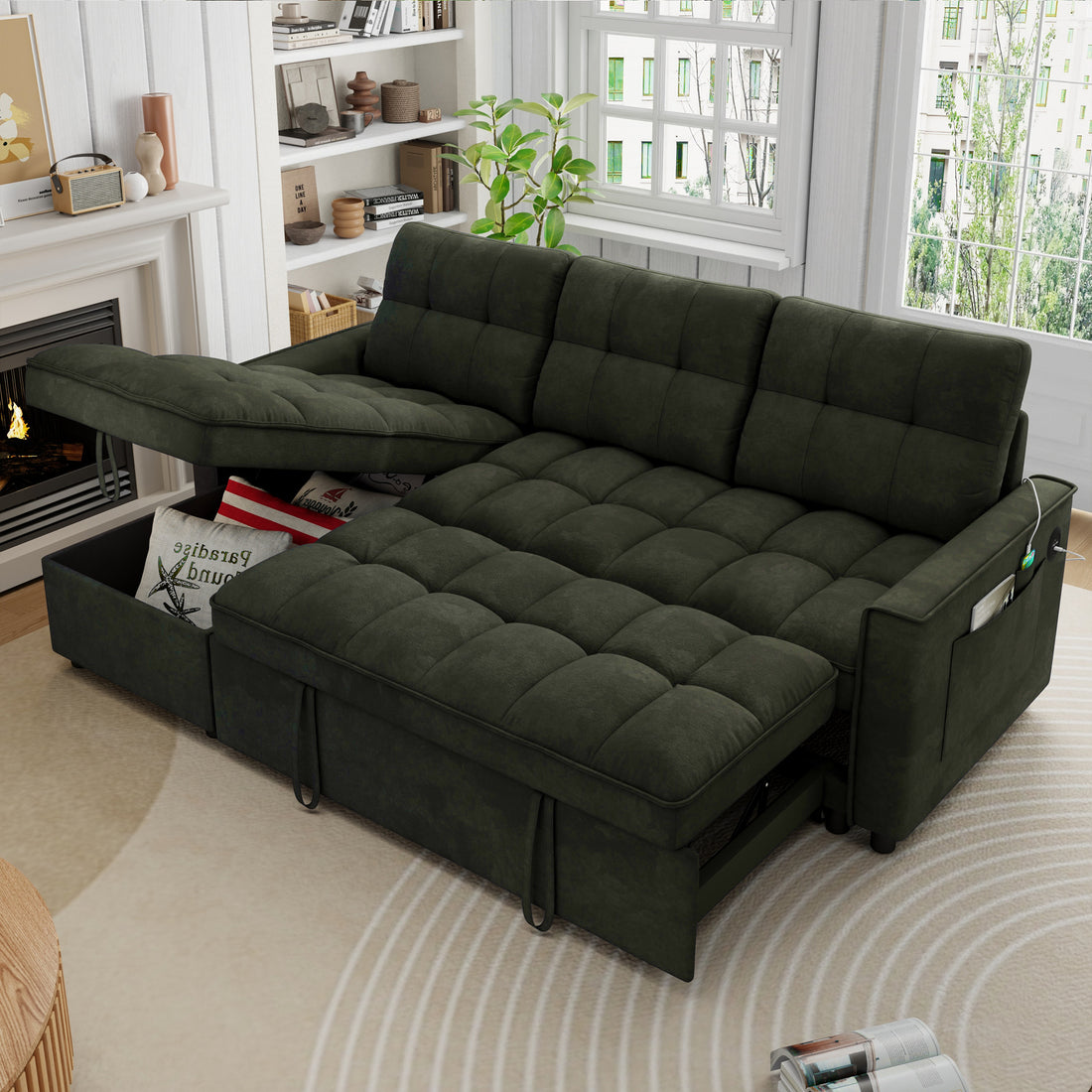 FFH Convertible Sofa Bed, Sectional Sleeper Sofa with Storage Chaise, L-Shaped Couch for Living Room, Green Chenille