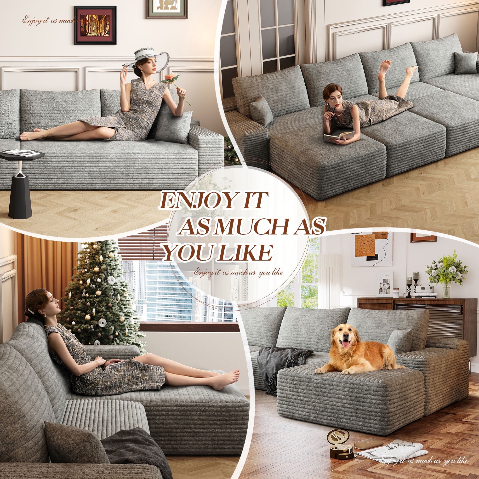 FFH 107&quot; Cloud Sectional Sofa with Right Chaise, Cozy U-Shaped Modular Sofa with Ottoman, Plush Corduroy Sleeper Bed Couch, No Assembly Required, Gray