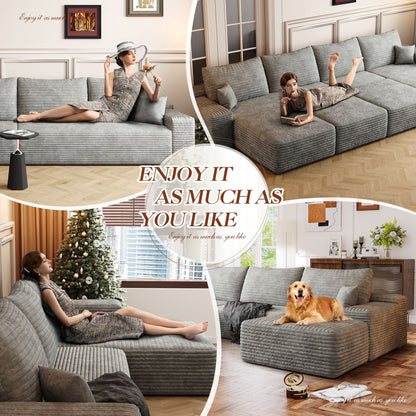 FFH 107&quot; Cloud Sectional Sofa with Right Chaise, Cozy U-Shaped Modular Sofa with Ottoman, Plush Corduroy Sleeper Bed Couch, No Assembly Required, Gray