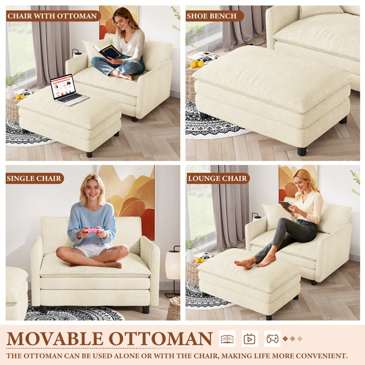 FFH Oversized Chair with Ottoman, Chenille Accent Armchair, Lounge Chair Indoor, Cloud Sofa Chair for Living Room, Bedroom, Beige