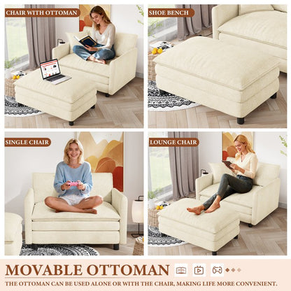 FFH Oversized Chair with Ottoman, Chenille Accent Armchair, Lounge Chair Indoor, Cloud Sofa Chair for Living Room, Bedroom, Beige