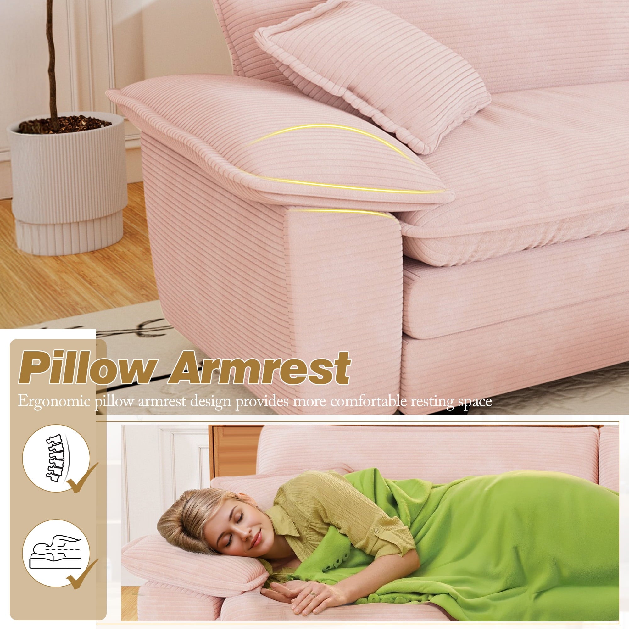 FFH 80.5" Corduroy Loveseat Sofa, Oversized Upholstered 2-Seater Fluffy Cloud Sleeper Couch for Living Room/Apt, Pink