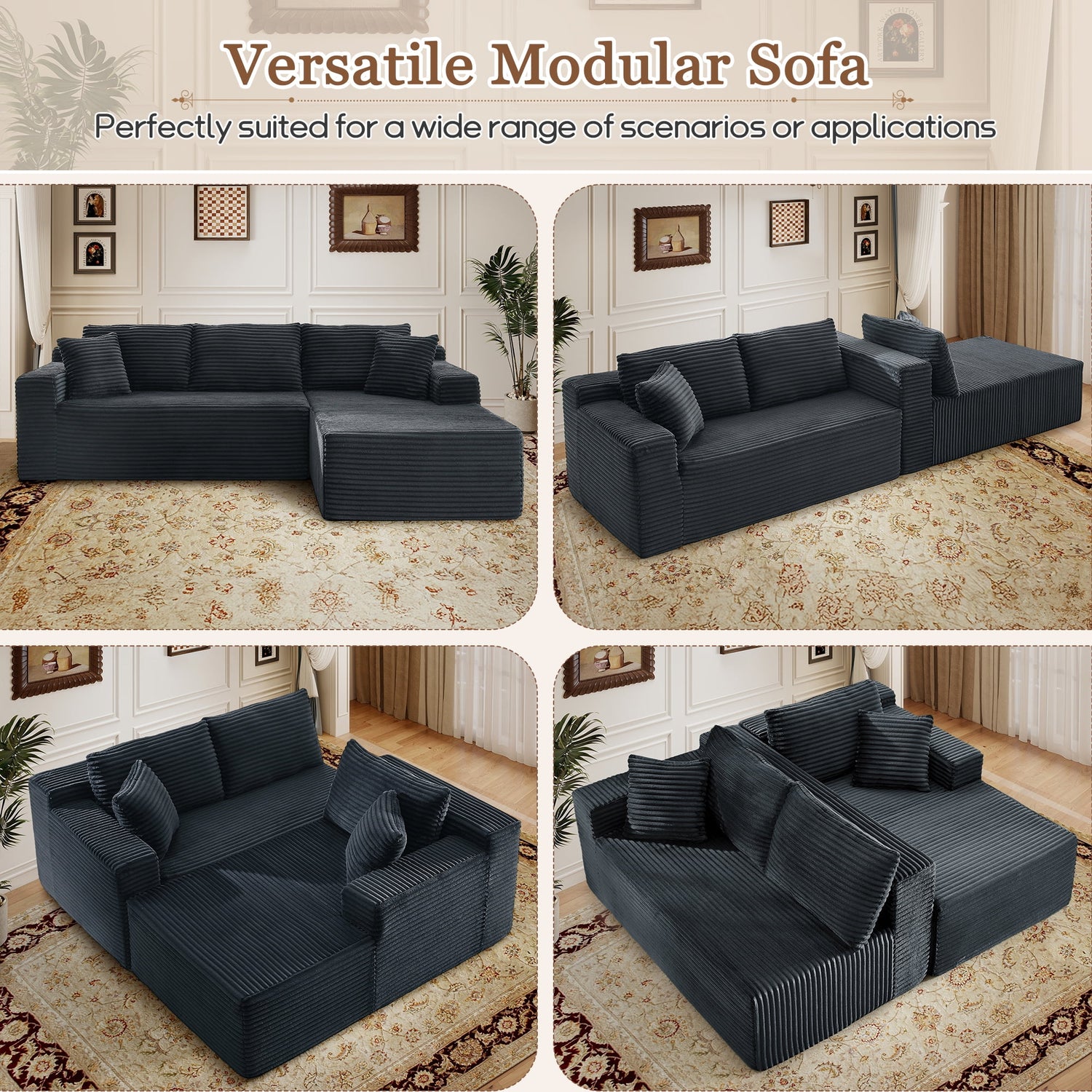 FFH Modular Sectional Sofa, Oversized L-Shape Cloud Couch, Modern Corduroy Sleeper Couches for Living Room, No Assembly Required, Dark Grey (Right Facing Chaise)