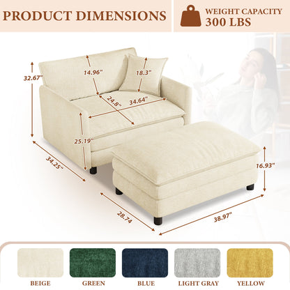 FFH Oversized Chair with Ottoman, Chenille Accent Armchair, Lounge Chair Indoor, Cloud Sofa Chair for Living Room, Bedroom, Beige