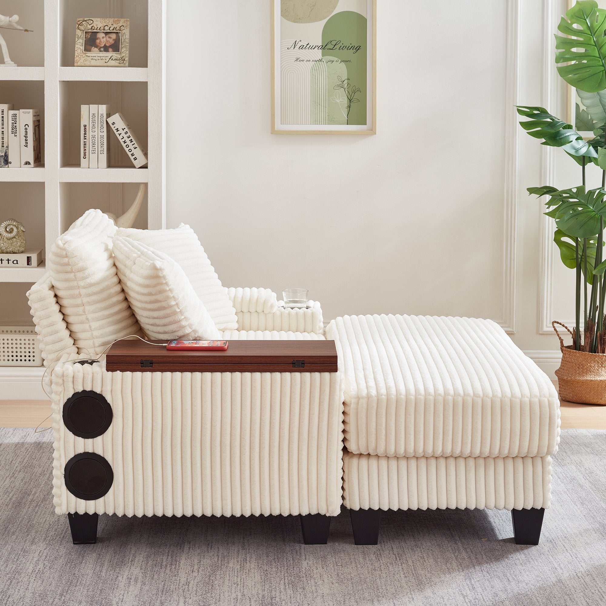 FFH Oversized Living Room Chair with Bluetooth Speaker, Ottoman, Rotating Table Board &amp; USB, Cozy Indoor Lounge Reading Armchair, White Corduroy