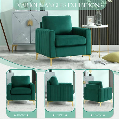 FFH Modern Accent Chair, Upholstered Single Sofa Chair Club Arm Chair for Living Room, Comfy Armchair with Metal Legs, Tufted Chair for Reading, Green Velvet