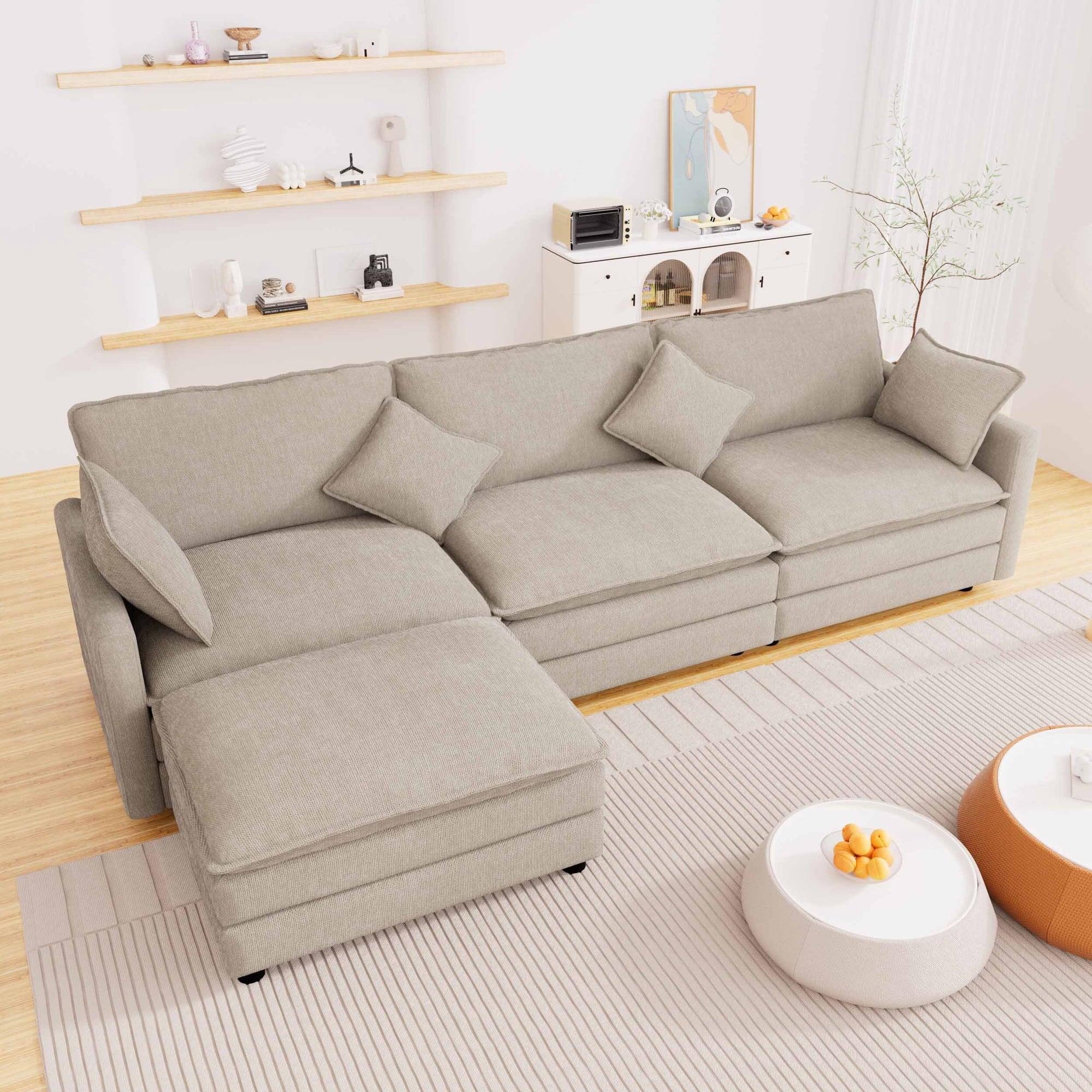 FFH Sectional Cloud Couch with Reversible Ottoman, L-Shaped Chenille Sofa for Living Room, Camel