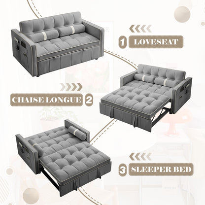 Dinosisco Convertible Sofa Bed, 55&quot; Pull Out Sofa Bed - Tufted Velvet Loveseat Sleeper Sofa Couch for Living Room, Gray