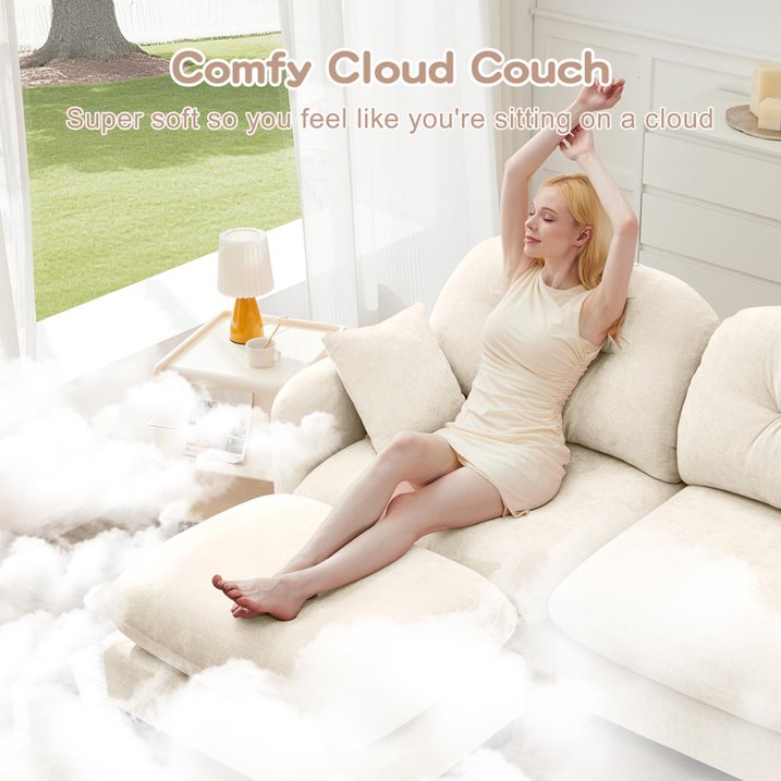 FFH Loveseat Sofa, 74" Cloud Sectional Couches for Living Room, Tufted 2-Seat Chenille Sofa with 2 Pillows, Wooden Base, Beige